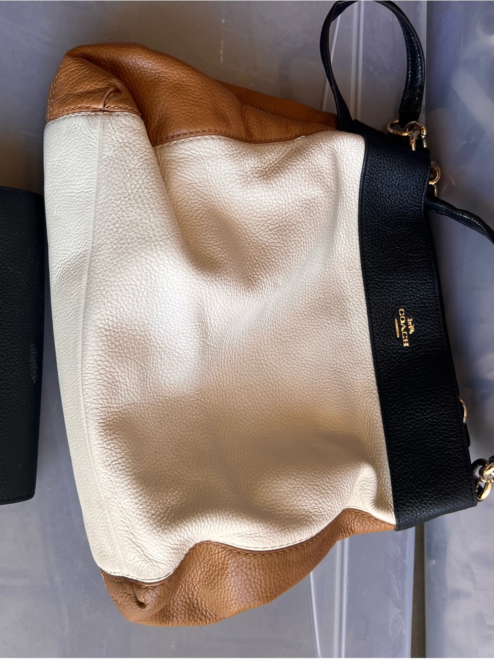 COACH Tri-Panel Pebbled Leather Shoulder Bag - Black, Cream, Tan